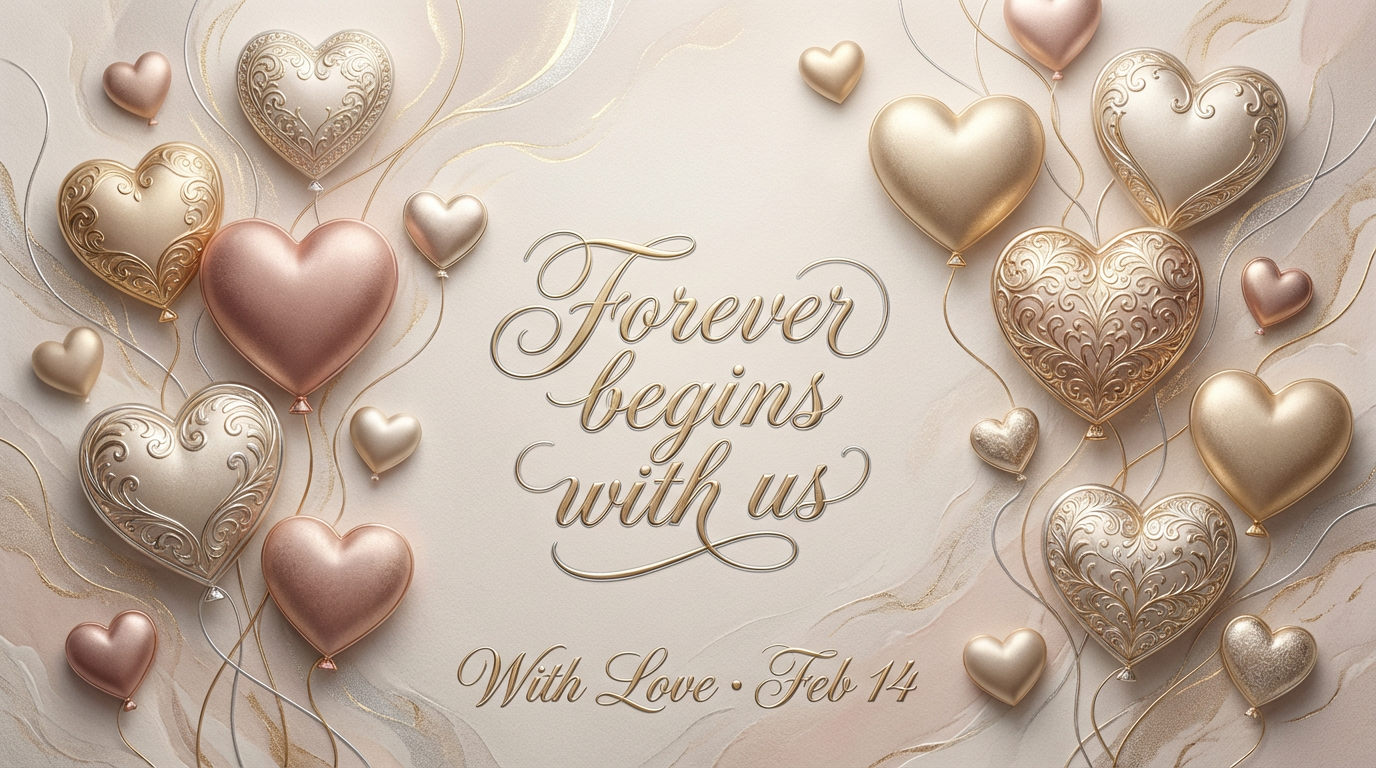 Luxury Valentine card with embossed heart balloons and metallic accents