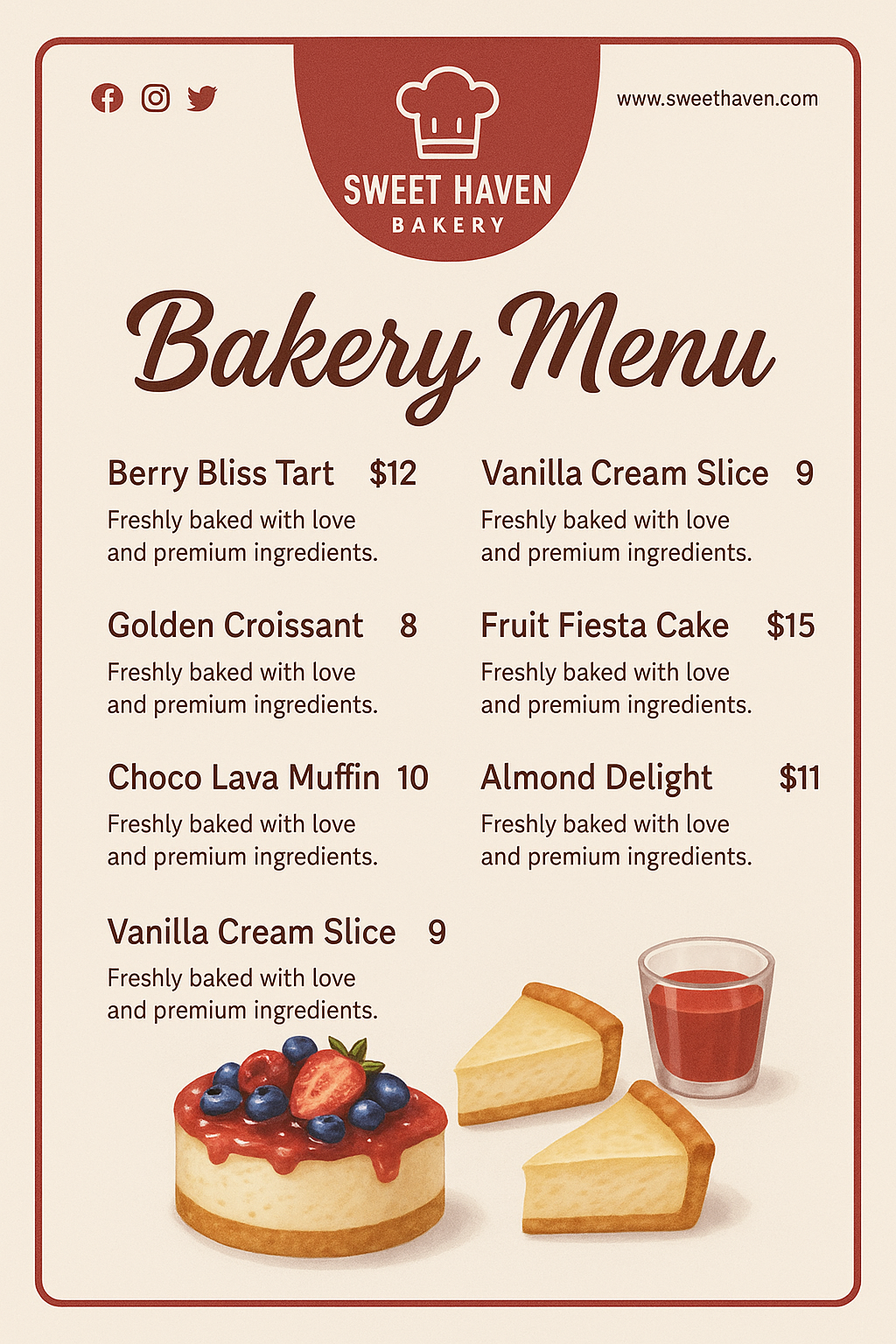 Bakery menu 'Sweet Haven Bakery' in cream and red with neat columns and cheesecake illustration.