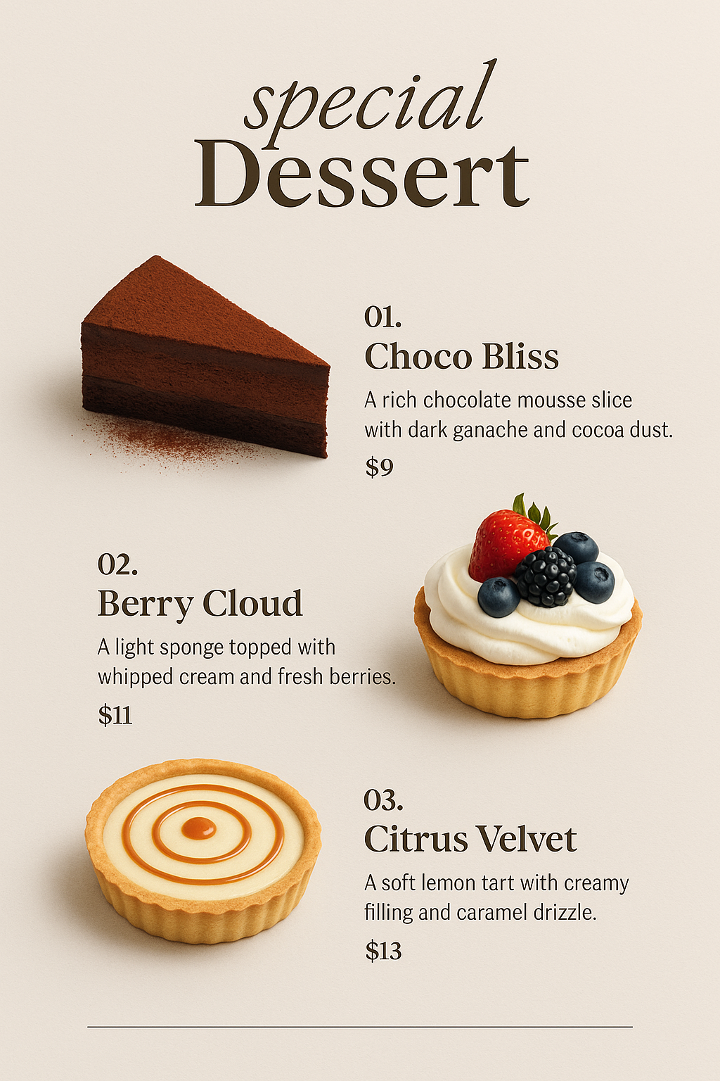 Minimalist dessert menu with diagonal dessert layout and elegant fonts.