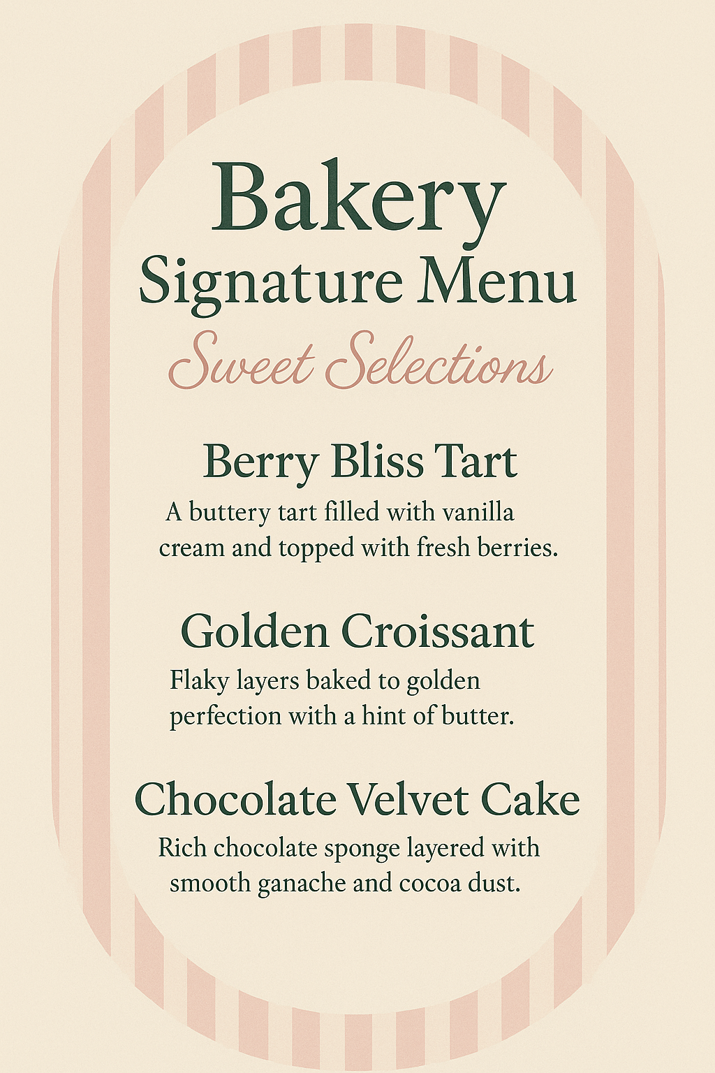 Bakery menu 'Bakery Signature Menu' with pastel pink frame, elegant typography, and featured desserts.