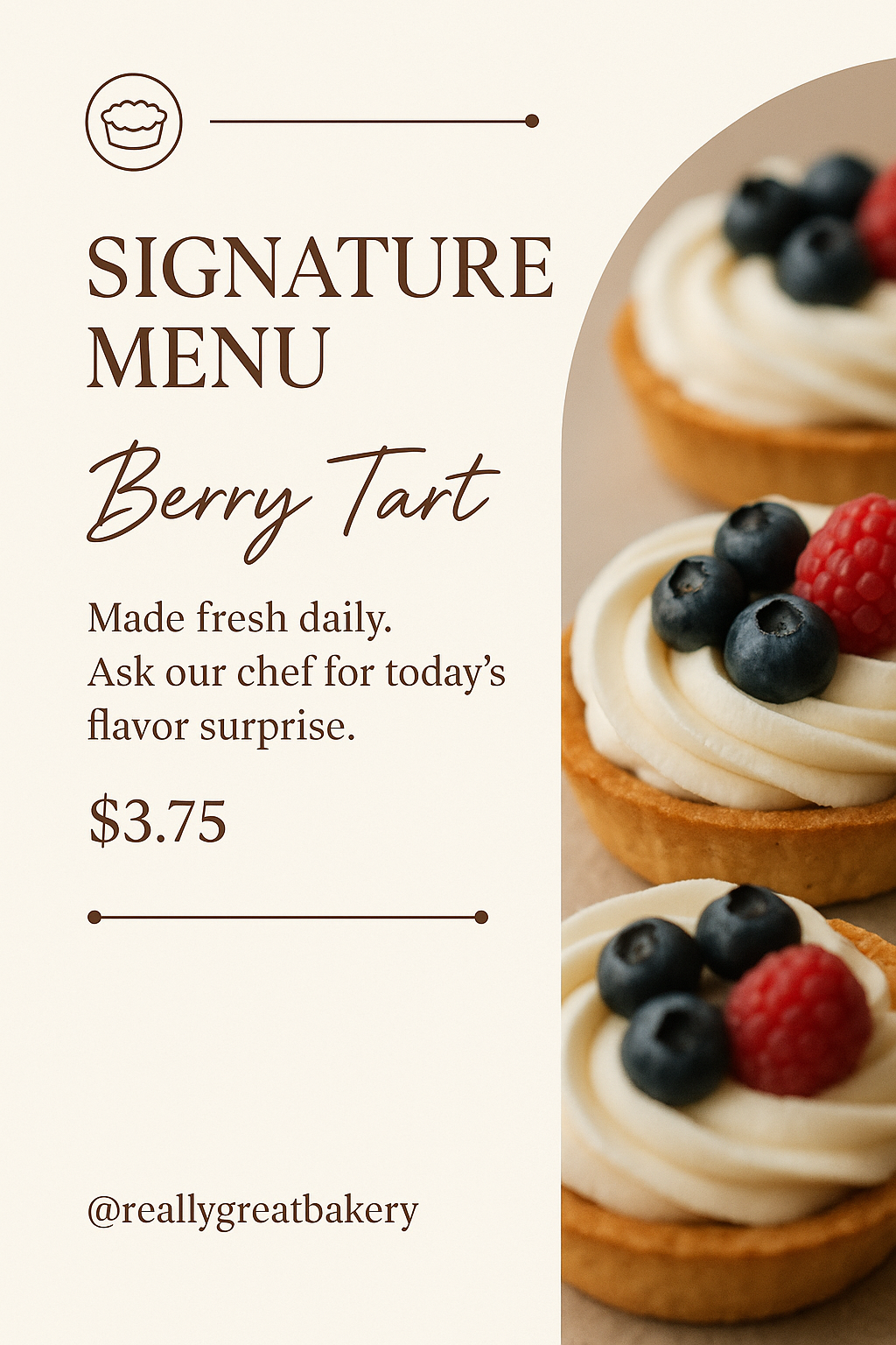 Sophisticated bakery menu with ivory background, text + photo panel, elegant fonts, and pastry photo.