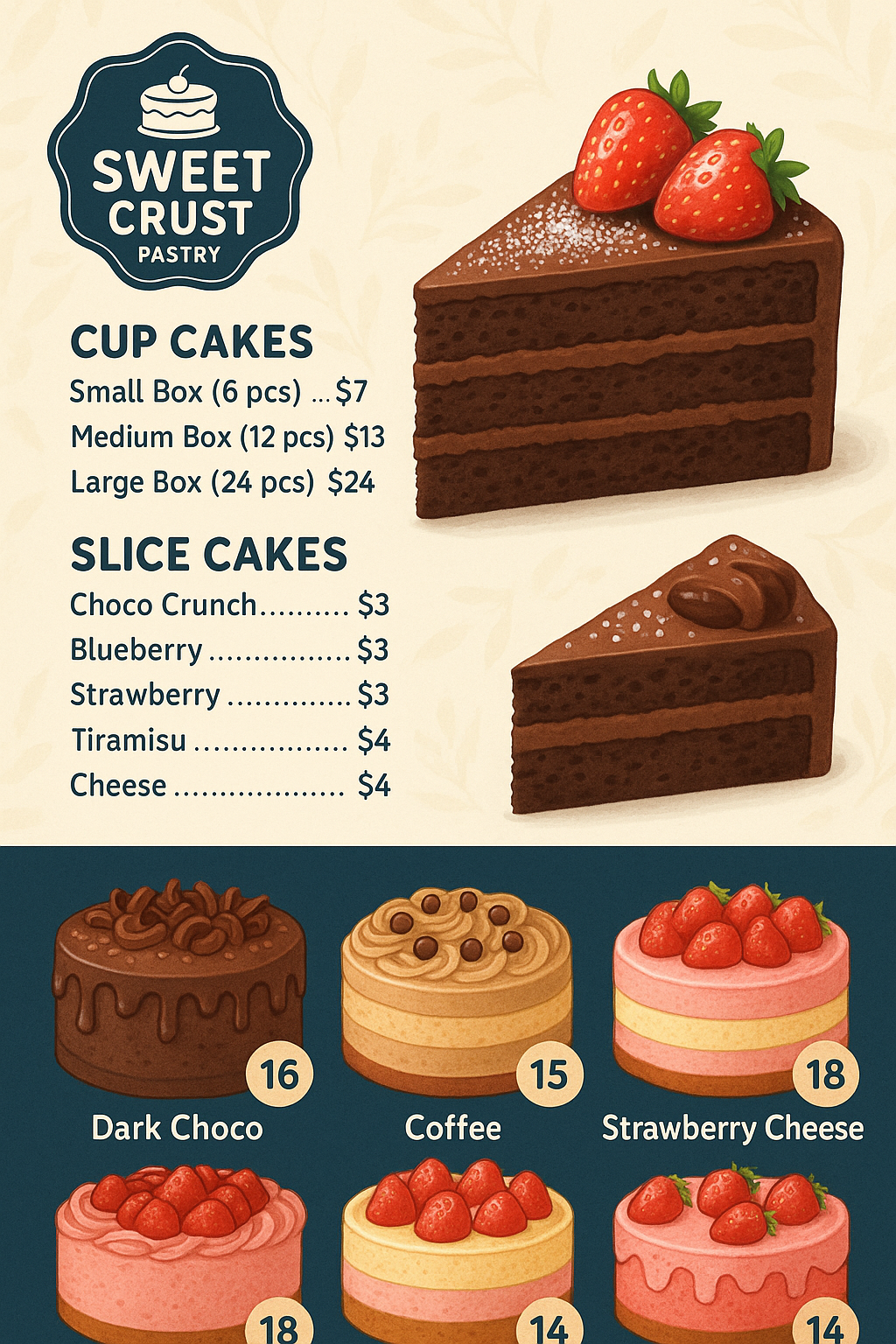 Bakery menu 'Sweet Crust Pastry' with cupcakes, slice cakes, and whole cakes, playful navy and cream layout.