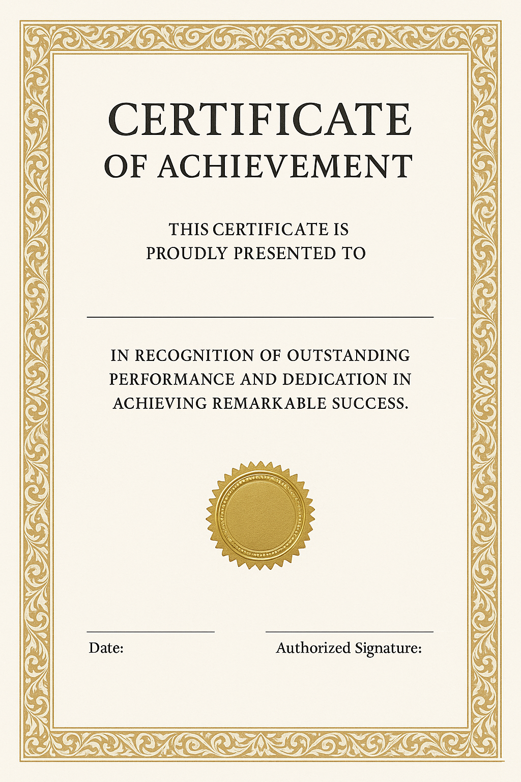 Formal Certificate of Achievement with gold border, seal, and serif font.