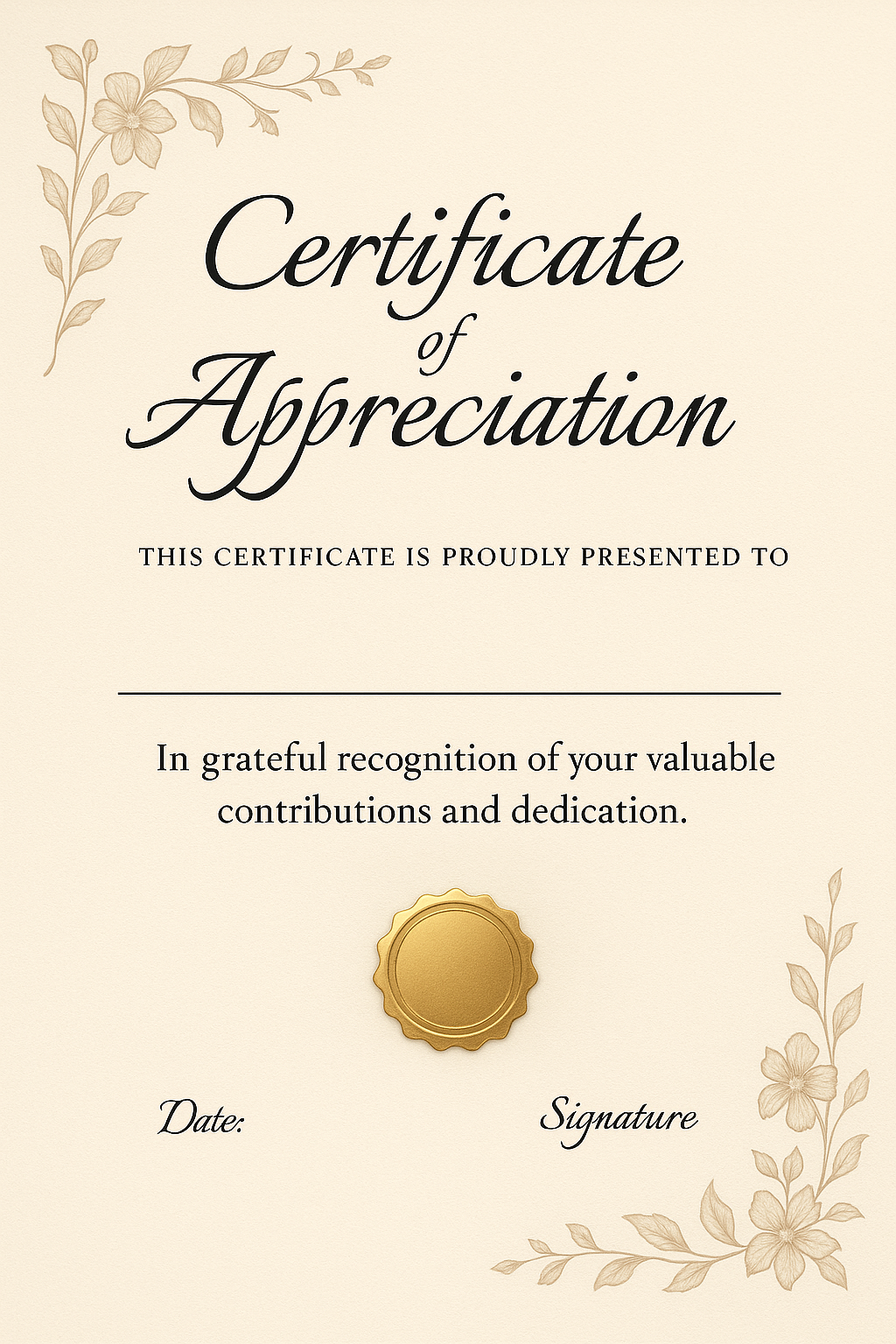Horizontal Certificate of Appreciation with cream background, floral corners, and gold seal.