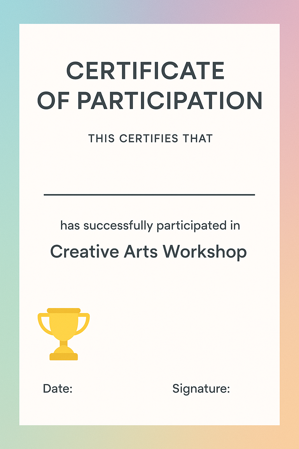 Modern pastel Certificate of Participation with trophy icon and sans-serif text.