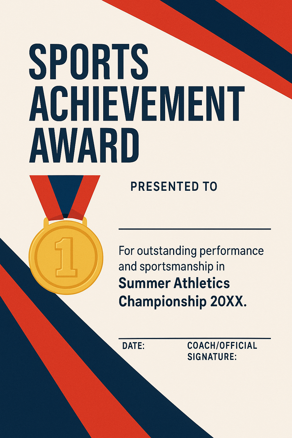 Sports Achievement Award certificate with red-blue diagonal design and medal illustration.