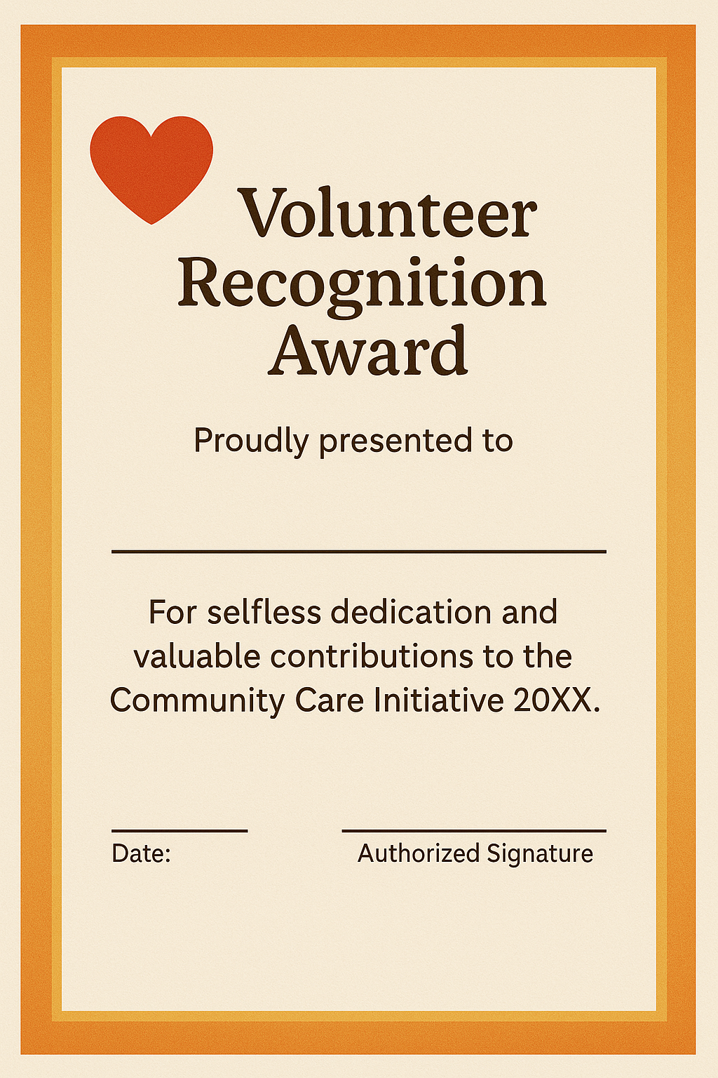 Volunteer Recognition Award certificate with orange-gold border and heart emblem.