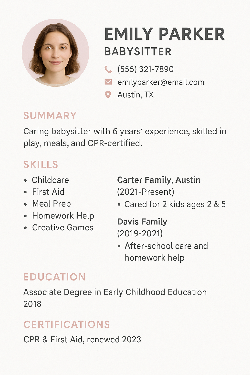 Pastel pink babysitter resume for Emily Parker with round profile photo and clean sections.