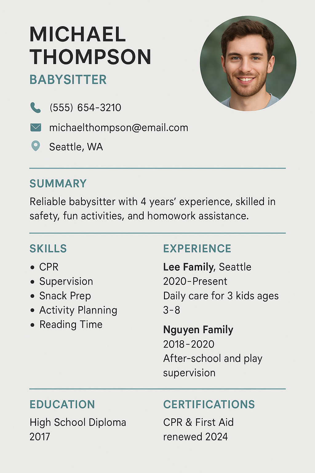 Gray and teal babysitter resume for Michael Thompson with modern layout.