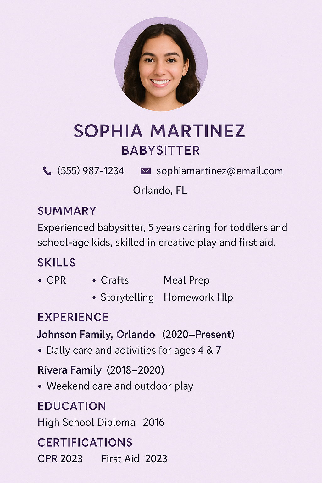 Lavender babysitter resume for Sophia Martinez with friendly centered photo.