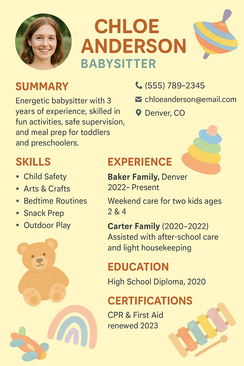Yellow playful babysitter resume for Chloe Anderson with toy illustrations.