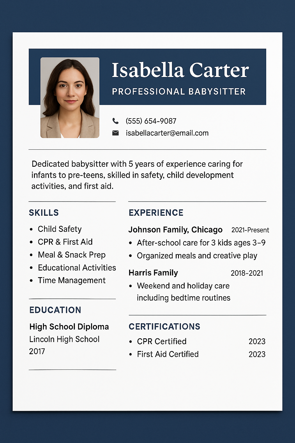 Formal navy and white babysitter resume for Isabella Carter in clean professional layout.