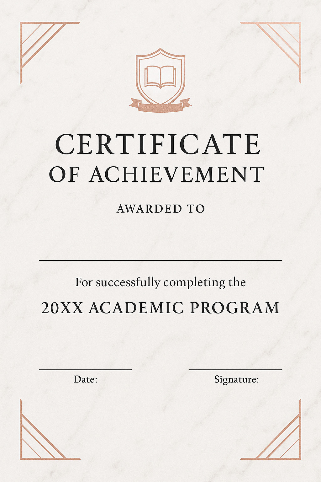 White marble texture with rose-gold corners and classic shield emblem WITH BOOK with a tiny ribbon banner at the top; text: “Certificate of Achievement – Awarded to (Space for Name) – For successfully completing the 20XX Academic Program. Date: (Space for Date) | Signature: (Space for Signature)