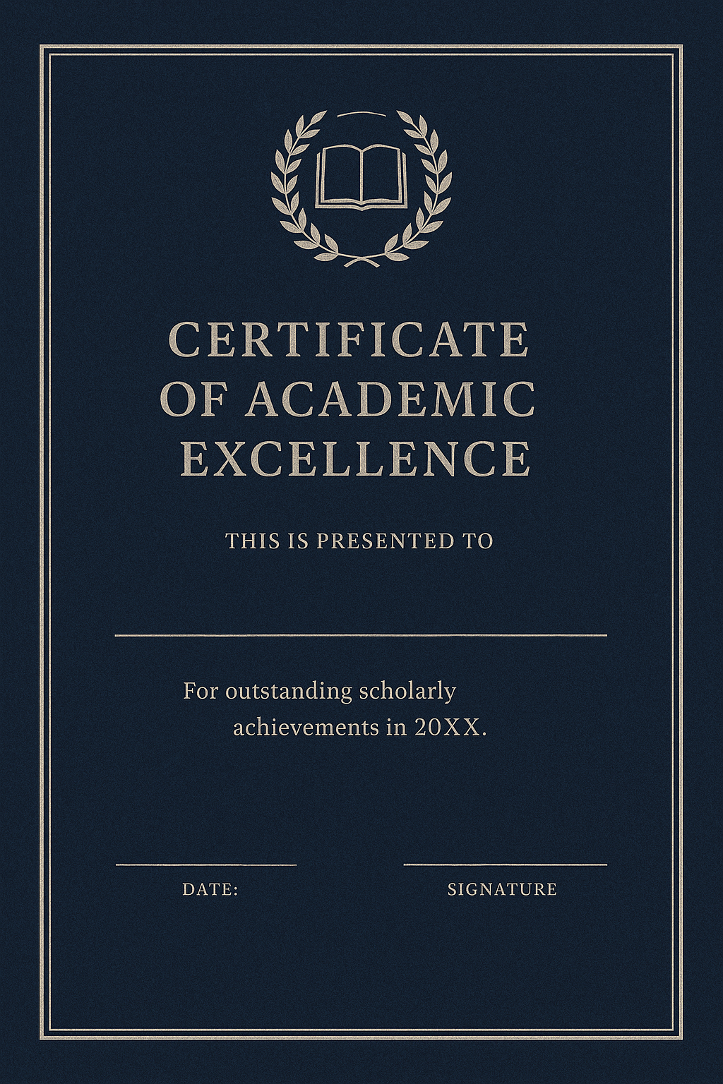 Deep navy textured background with thin platinum border and a circular embossed university crest emblem with laurel leaves at the top; text: “Certificate of Academic Excellence – This is presented to (Space for Name) – For outstanding scholarly achievements in 20XX. Date: (Space for Date) | Signature: (Space for Signature)”;