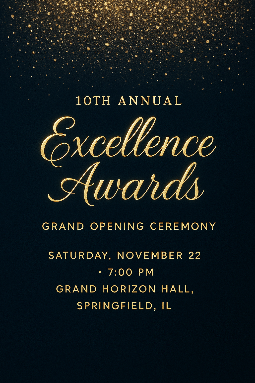 Midnight blue and gold glitter invitation for 10th Annual Excellence Awards.
