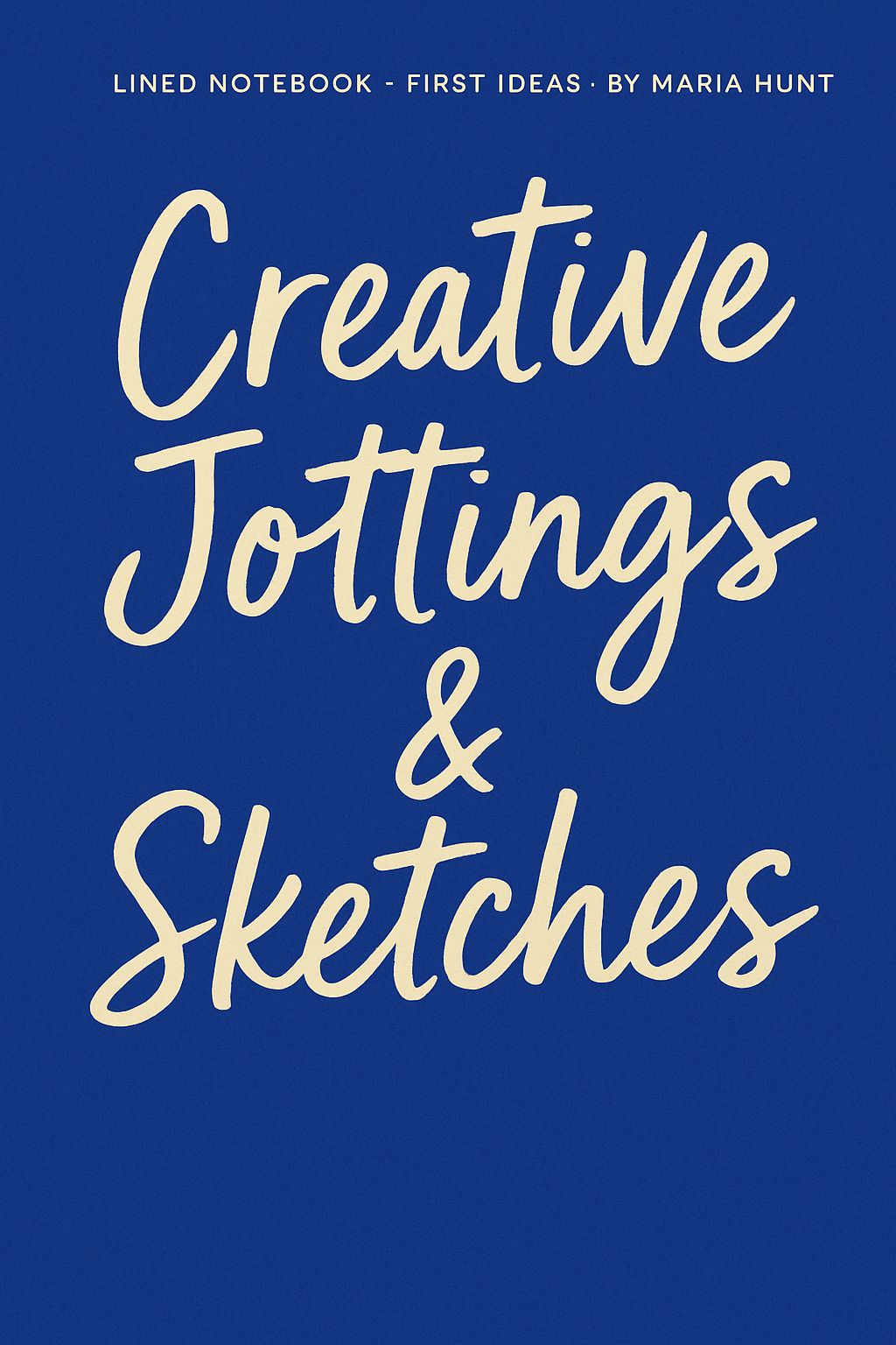 Notebook cover 'Creative Jottings & Sketches' cobalt blue handwritten text.