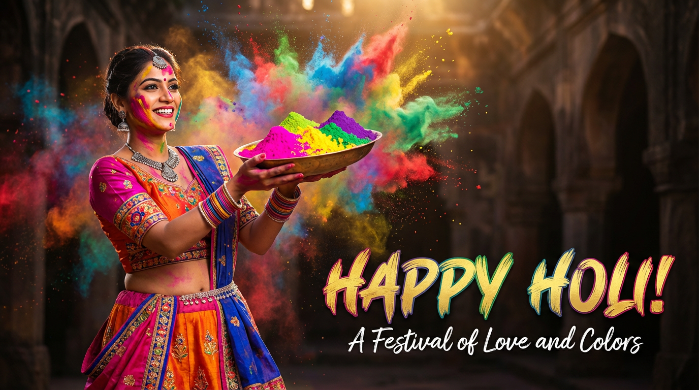 Woman celebrating Holi with vibrant color splash and dramatic festive background