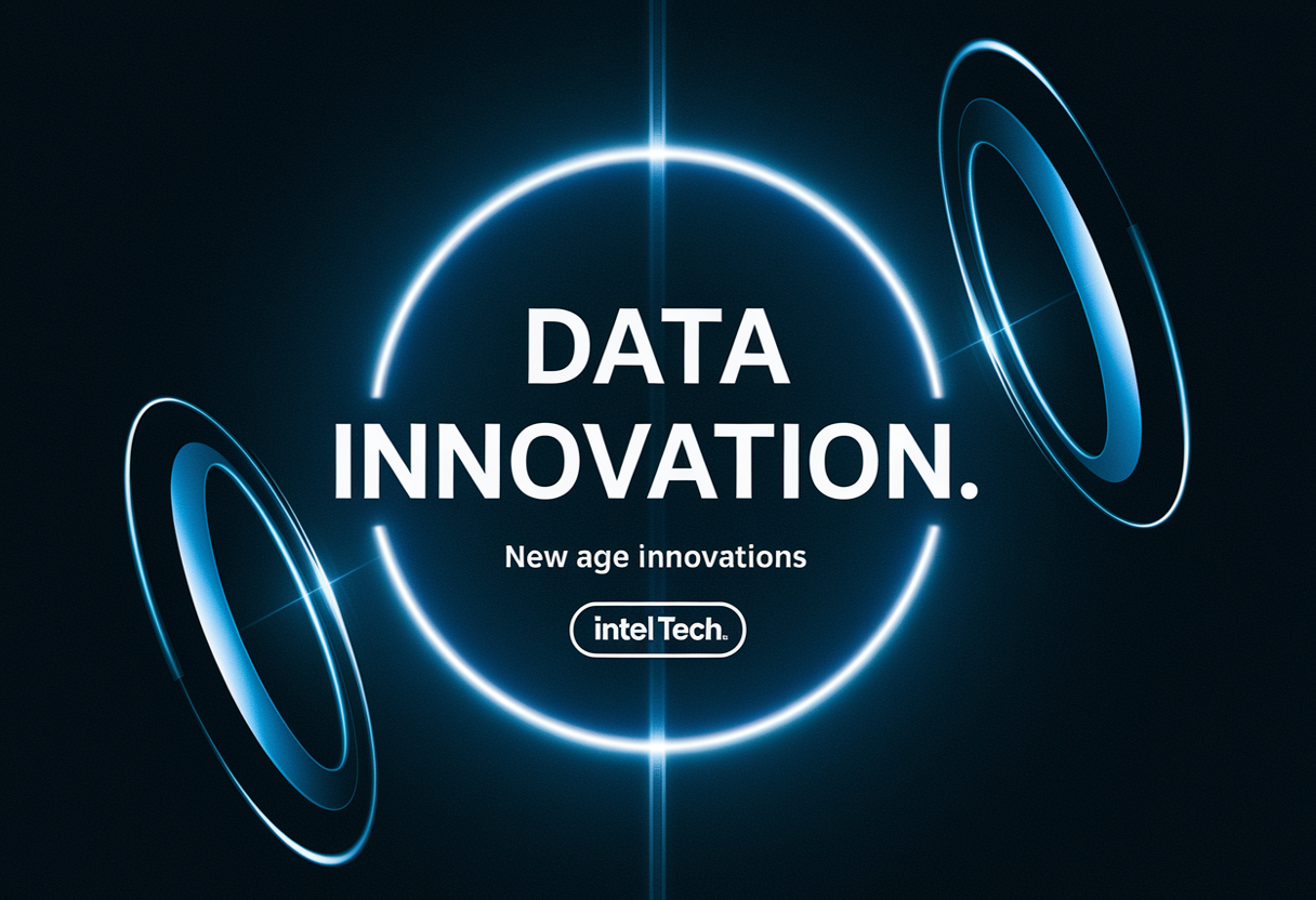 Abstract, futuristic black background presentation slide with a glowing blue light burst at the center, split-sphere style on left and right edges. Clean, modern font for title “Data Innovation” in white. Subtitle in smaller font: “New Age Innovations.” Rounded, semi-transparent button-style textbox for “intel tech.” Minimal, tech-inspired layout with central visual focus and dark-space aesthetic.