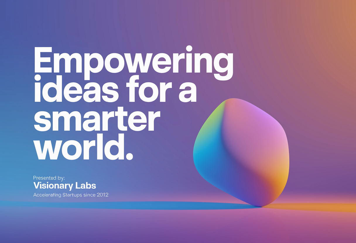 "Empowering Ideas for a Smarter World" appears in clean white text on a soft gradient background with a single morphing geometric shape. A subtle footer shows "Presented by: Visionary Labs" and subtext: "Accelerating Startups Since 2012". Shape rotates slowly while the text slides in from the left.
