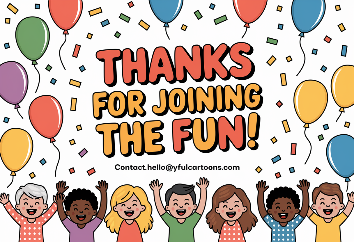 Thank You Cartoon Slide – balloons, confetti, smiling characters, playful comic text with contact info hello@joyfulcartoons.com