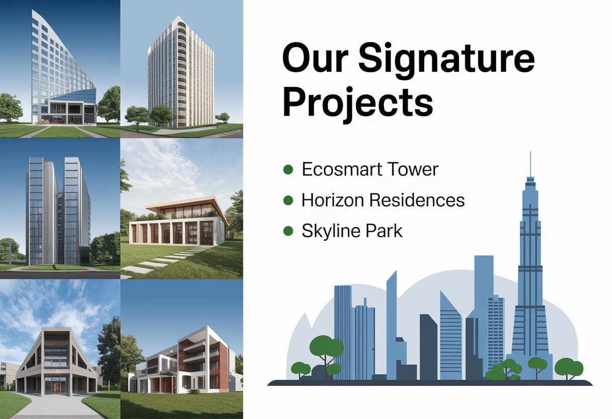 Projects slide with 3-image grid and bullet points.