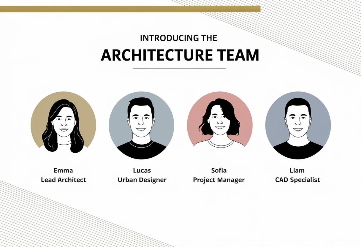 Architecture Team Slide – four circular headshots with names and titles on white background and gold border