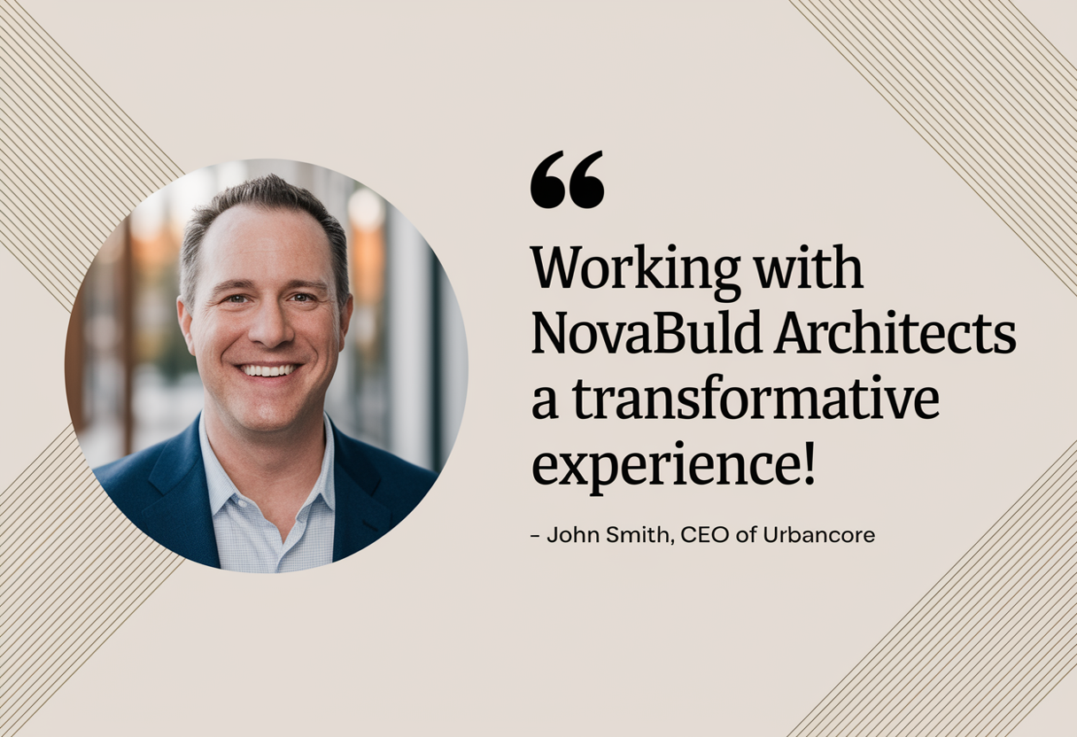 Architectural Testimonial Slide – circular client photo, beige patterned background, elegant quote layout for NovaBuild Architects