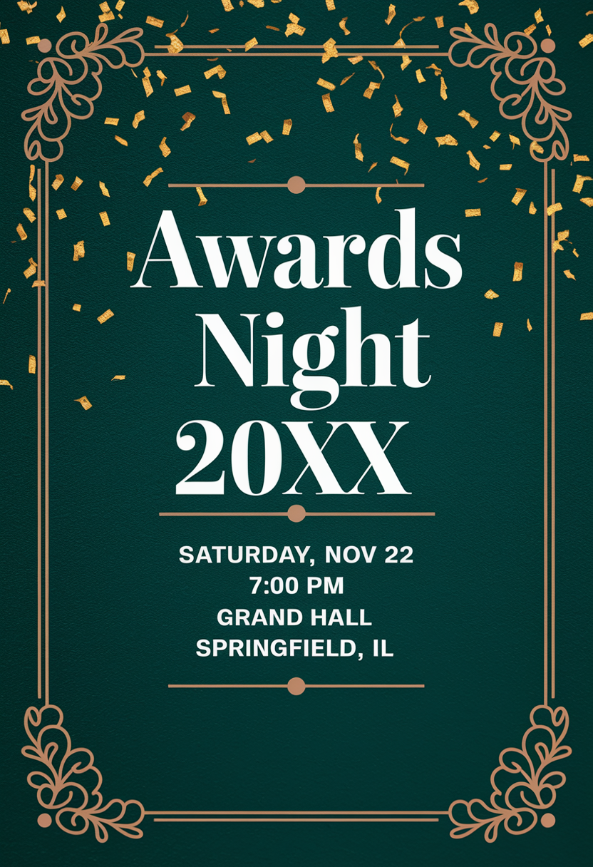 Elegant green and gold invitation for Awards Night 20XX.