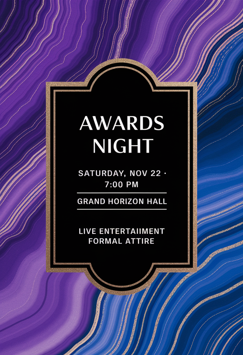 Purple-blue marble invitation with gold border panel for Awards Night.
