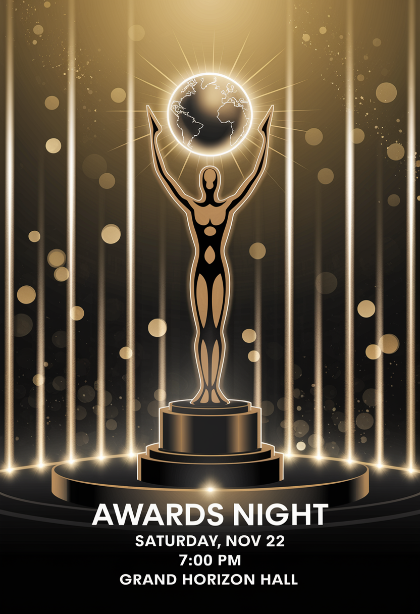 Golden glamorous invitation with award statue.