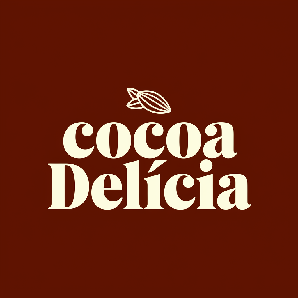 Logo for 'Cocoa Delícia' in cream and beige serif text with cocoa bean accent on chocolate brown background.