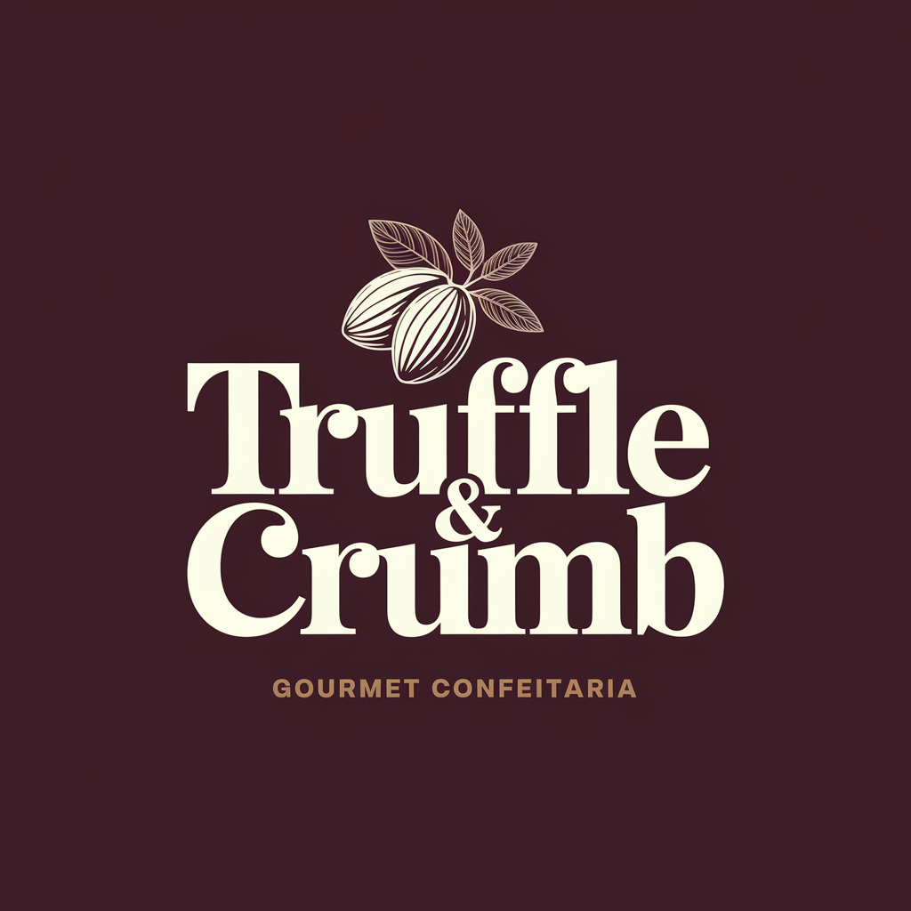 Logo for 'Truffle & Crumb' with cream serif text, cocoa bean and leaf illustration, and golden tagline 'Gourmet Confeitaria' on deep brown background.