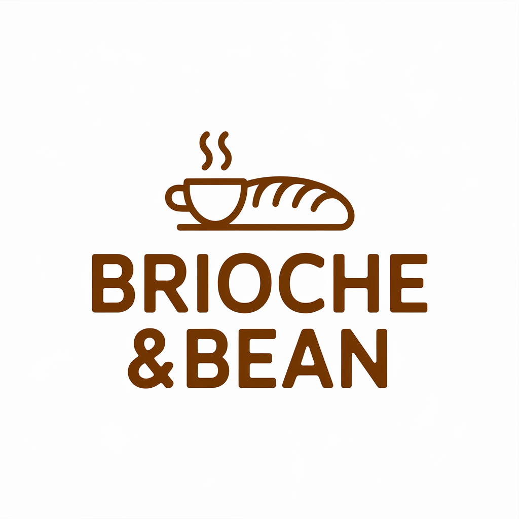 Logo for 'Brioche & Bean' in warm brown sans-serif text with line-art coffee cup and bread loaf icon.