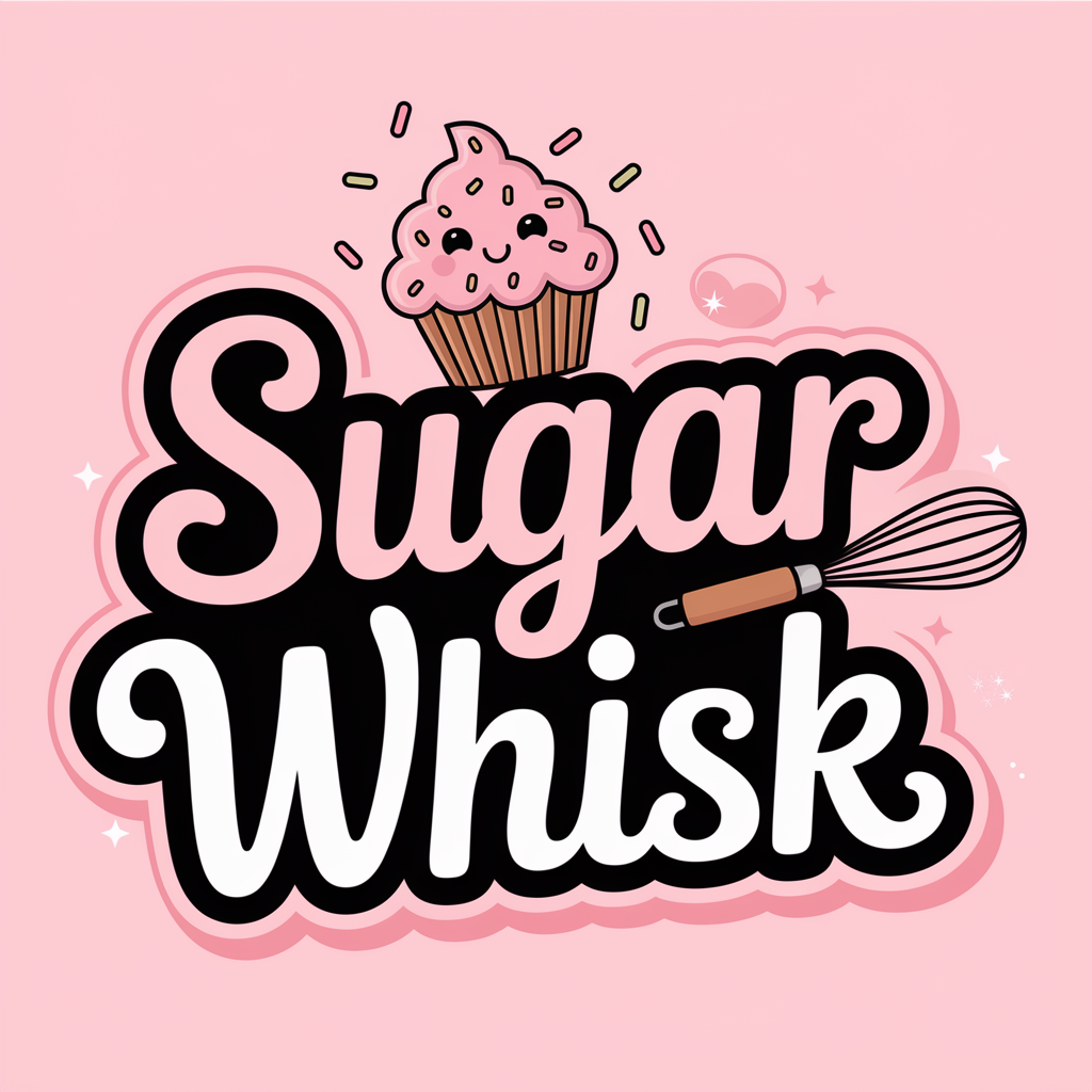 Logo for 'Sugar Whisk' in pastel pink and cream text with illustrated cupcake and whisk design.