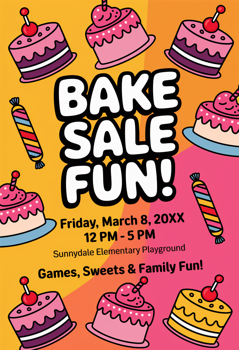 Playful yellow-orange Bake Sale Fun flyer with cartoon cakes and candy.