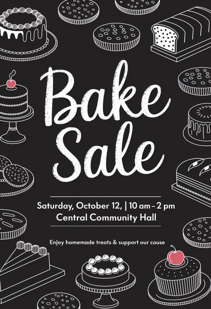 Chalkboard-style Bake Sale flyer with hand-drawn sweets.