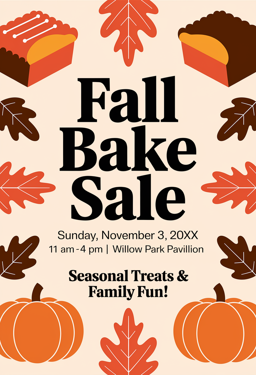 Autumn Fall Bake Sale flyer with leaves, pies, and pumpkin bread.