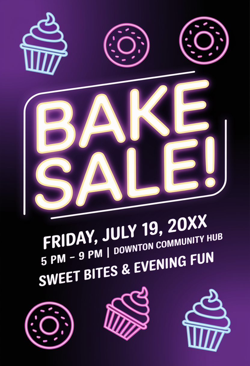 Modern neon Bake Sale flyer with purple gradient and glowing sweets.