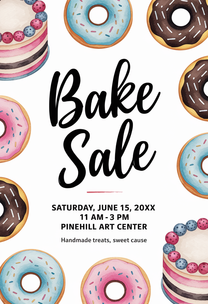 Watercolor Bake Sale flyer with cakes, donuts, and cookies on white background.