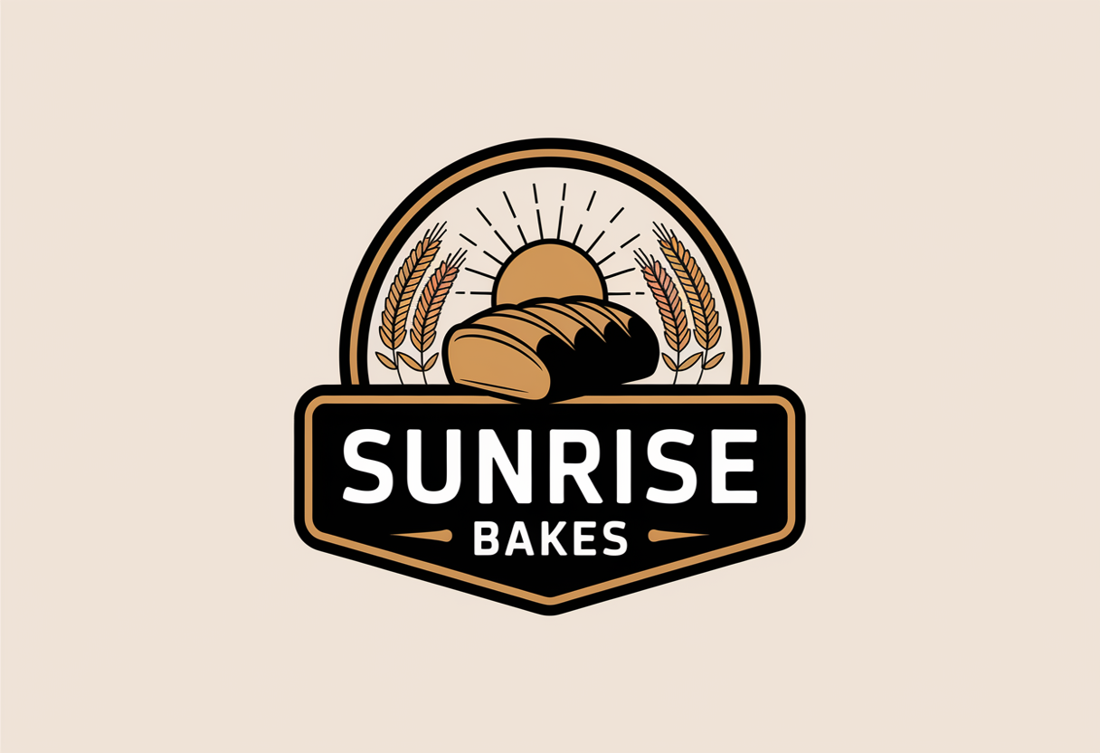 Create a realistic bakery logo for ‘Sunrise Bakes’, with a rising sun over a loaf of bread framed by wheat stalks, warm golden yellow and brown palette, classic badge style for storefront use