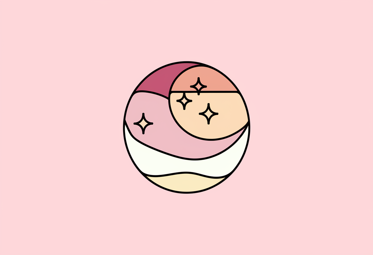 Design a minimalist circular aesthetic logo with a soft pastel gradient of pink, peach, and cream, thin white line art of a crescent moon with sparkles, flat vector style