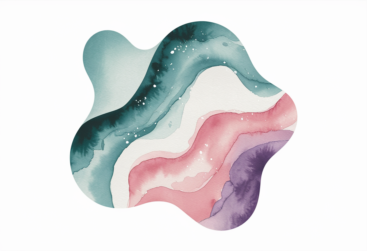 Create an abstract organic shape logo featuring fluid watercolor blobs in teal, lavender, and blush pink, overlapping semi-transparent layers with soft shadows, artistic and dreamy