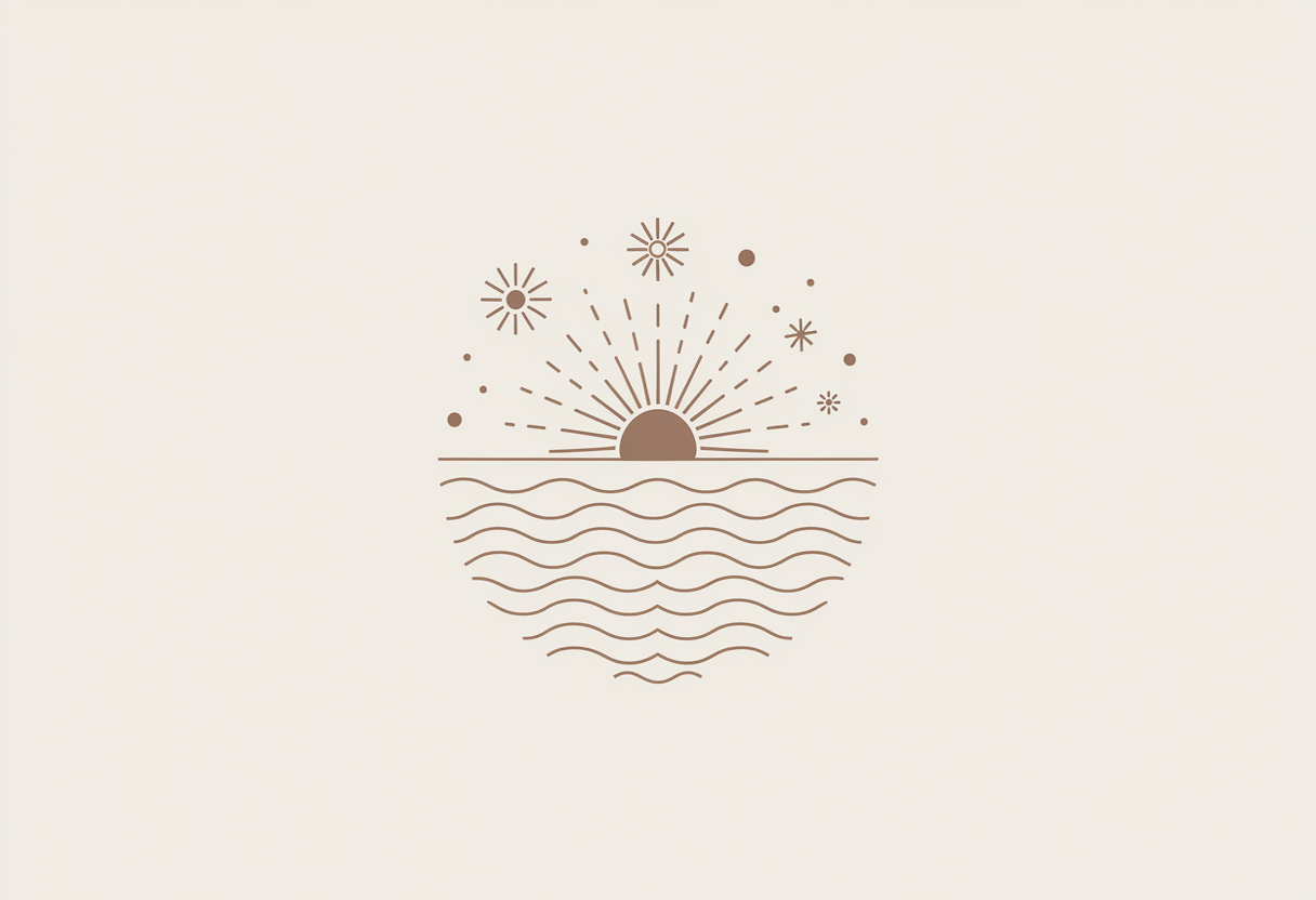 Generate a celestial boho logo with a thin crescent moon, small dotted stars, and radiating sunrays, warm desert tones on a cream background, line-art minimalist style