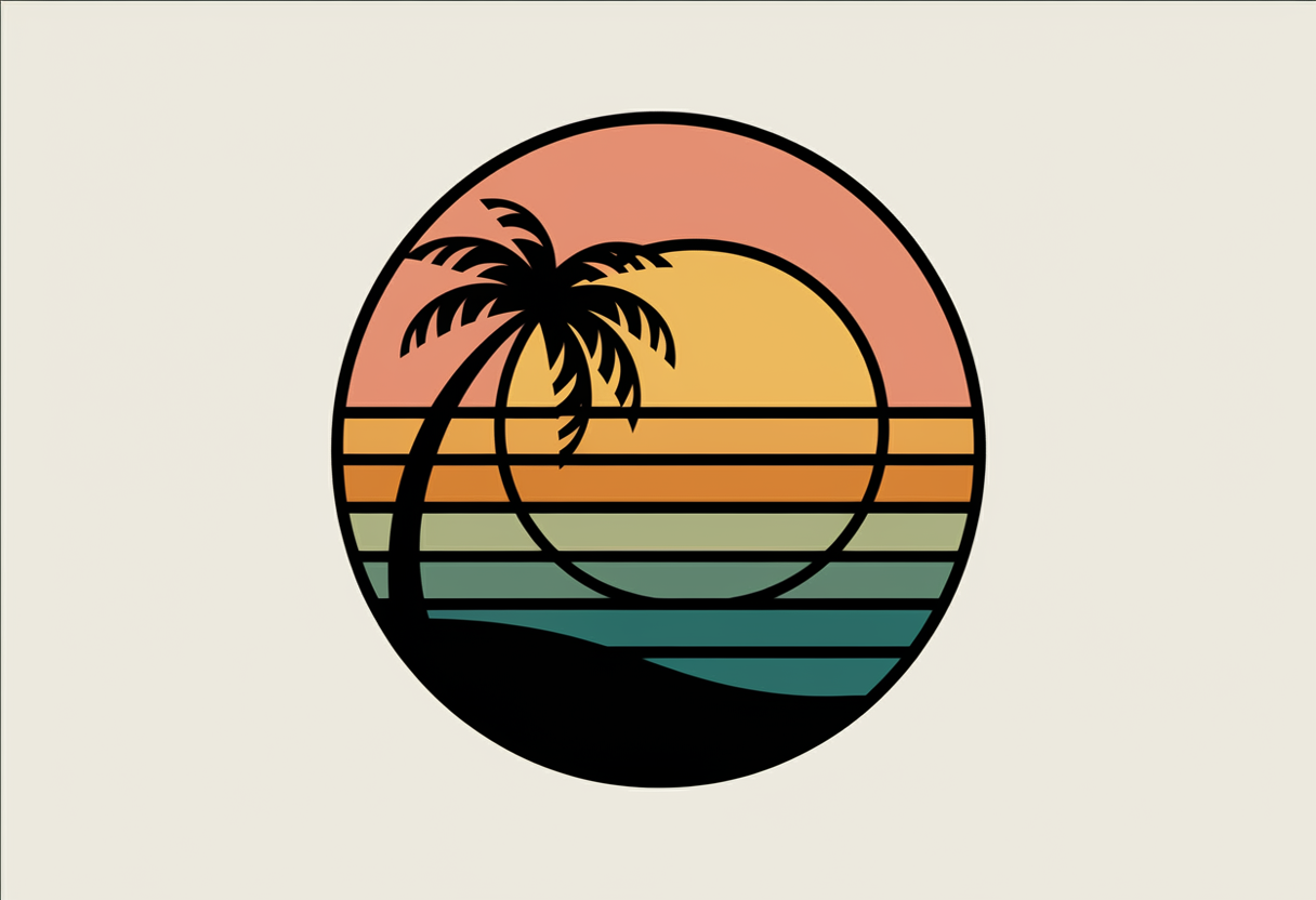 Generate a retro aesthetic badge logo with a simplified palm tree silhouette, curved horizon line, and sunset stripes, peach, mustard, and teal color scheme