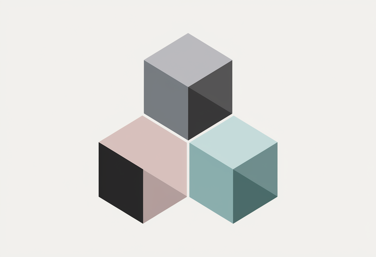 Design a modern geometric logo featuring three interlocked hexagons in muted gray, nude, and soft teal, flat vector style with subtle shadows
