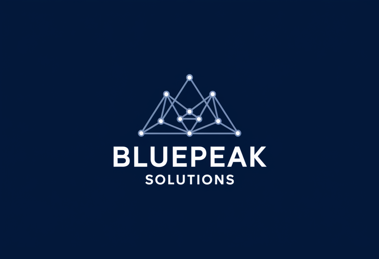 Design a corporate IT services logo for ‘BluePeak Solutions’, with a sleek geometric mountain peak icon and connected digital nodes, blue and gray color scheme, modern sans-serif typography