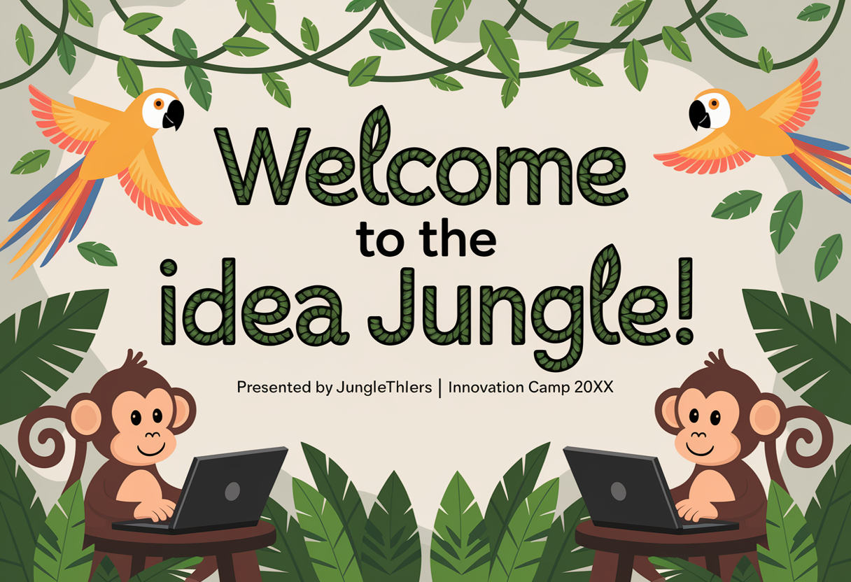 Idea Jungle Intro Slide – rainforest with monkeys, parrots, leafy vines, and animated swinging text for JungleThinkers Innovation Camp