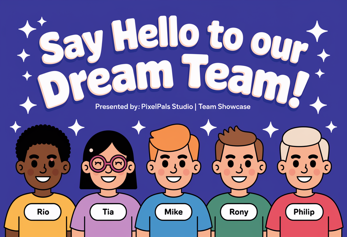 Dream Team Slide – cartoon avatars waving, colorful balloons, sparkles, and team showcase for PixelPals Studio