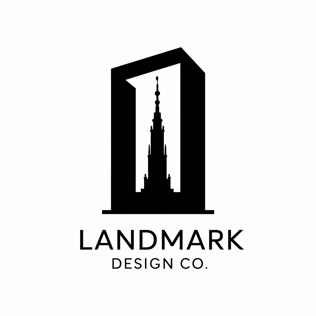 Landmark Design Co. logo with landmark silhouette inside rectangle.