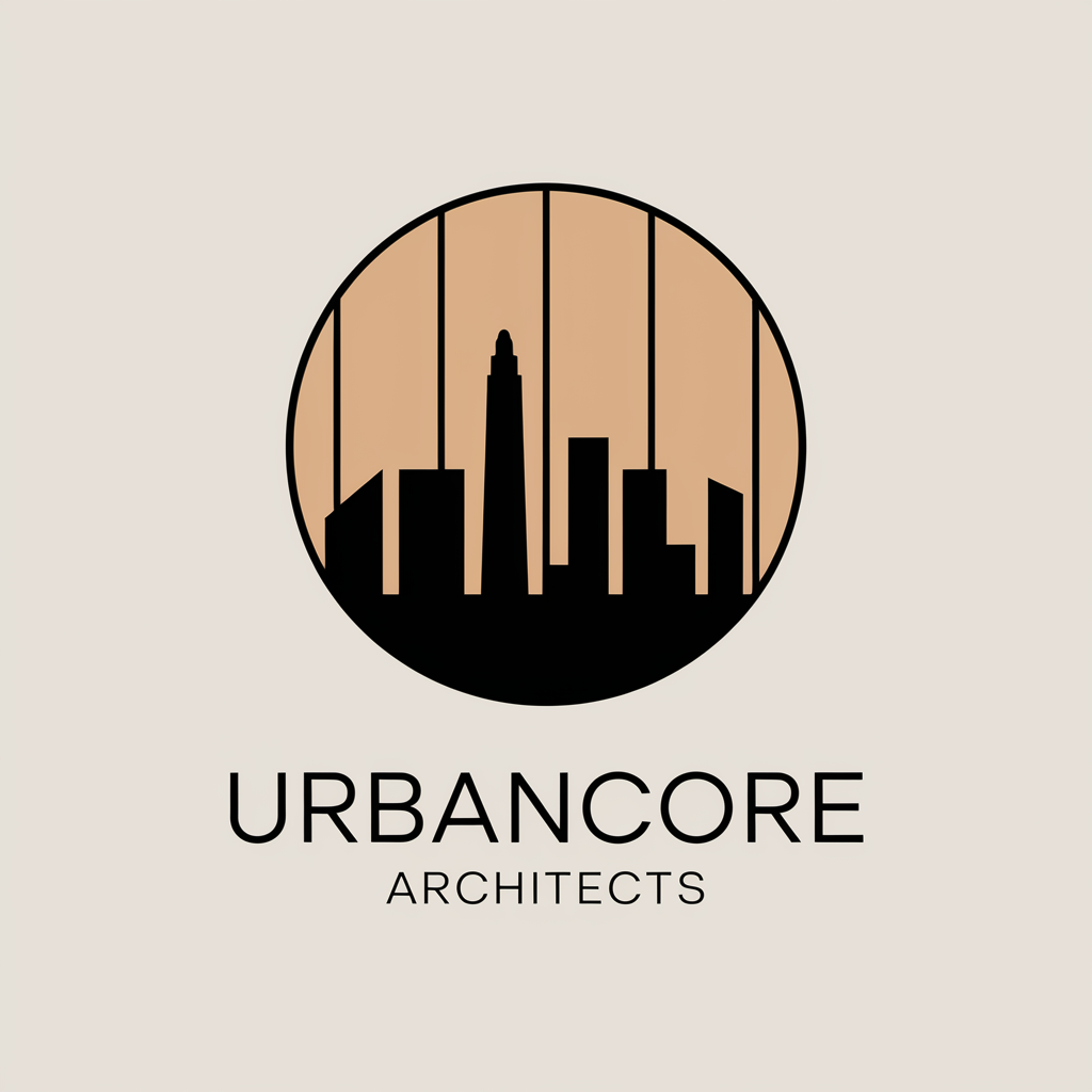 UrbanCore Architects round emblem with skyline silhouettes.